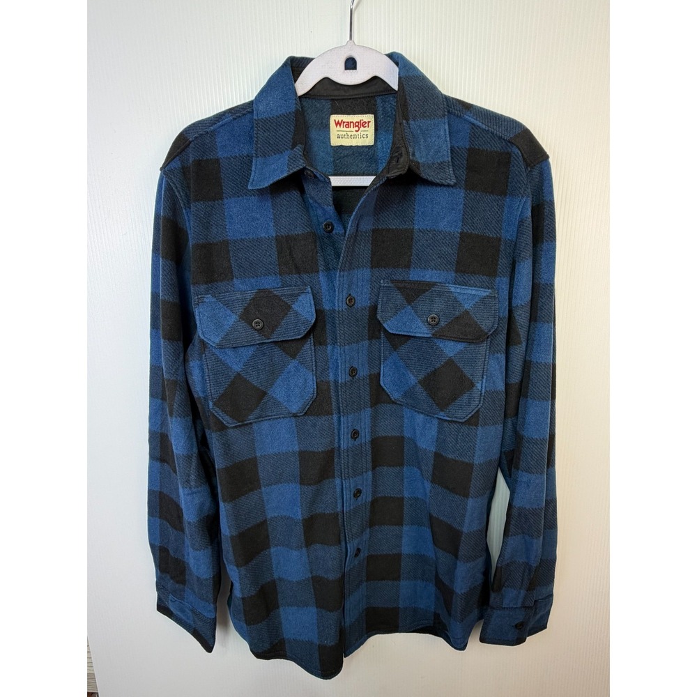Wrangler Authentics Mens Small Blue Black Buffalo Plaid Fleece Shirt Shacket